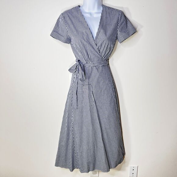 L'Academie Tuscy Wrap Dress XS Revolve Blue White Gingham Pattern Short Sleeve - Picture 3 of 9